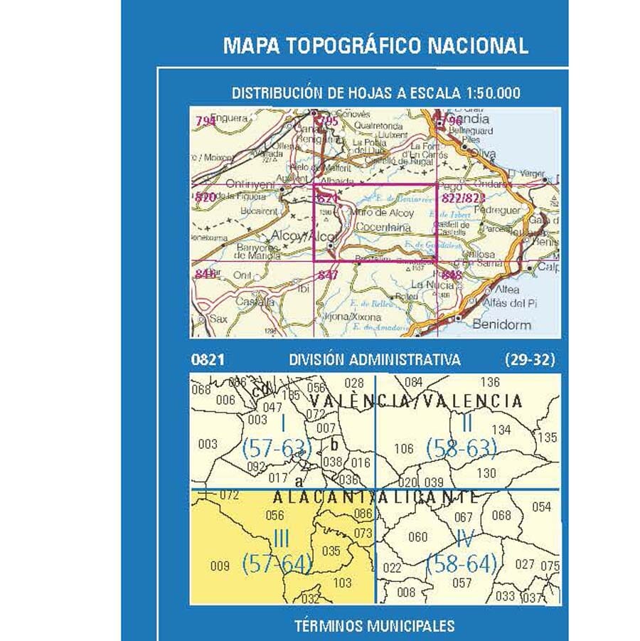 Carte topographique de l'Espagne n° 0821.3 - Alcoy / Alcoi | CNIG - 1/25 000 carte de randonnée CNIG