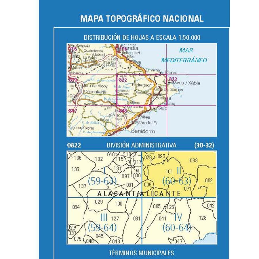Carte topographique de l'Espagne n° 0822.2 - Pedreguer | CNIG - 1/25 000 carte de randonnée CNIG