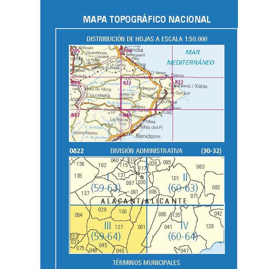 Carte topographique de l'Espagne n° 0822.3 - Parcent | CNIG - 1/25 000 carte de randonnée CNIG