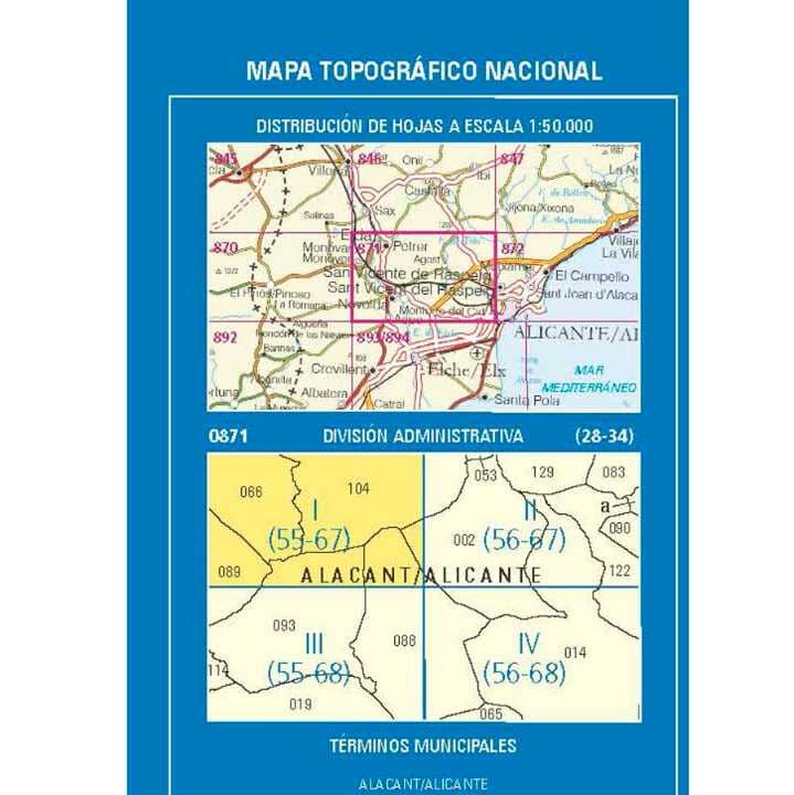 Carte topographique de l'Espagne n° 0871.1 - Elda | CNIG - 1/25 000 carte de randonnée CNIG