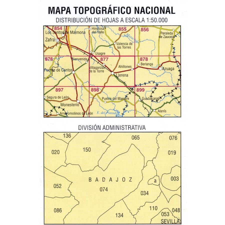 Carte topographique de l'Espagne n° 0877 - Llerena | CNIG - 1/50 000 carte de randonnée CNIG