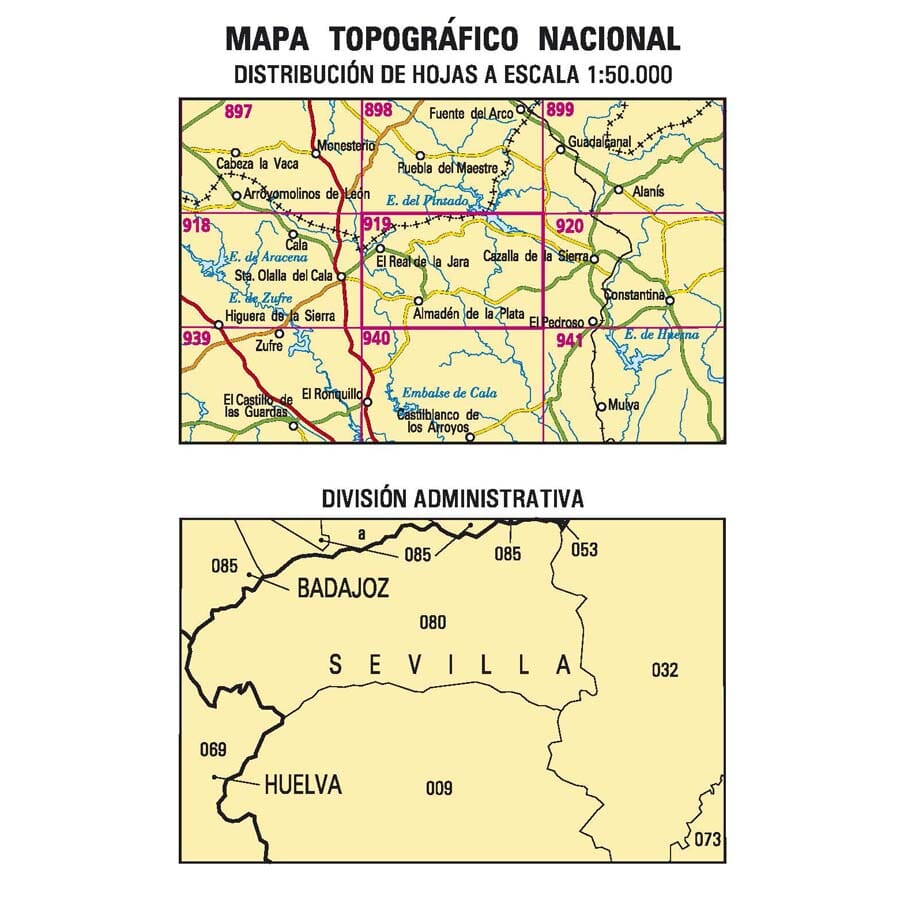 Carte topographique de l'Espagne n° 0919 - Almadén de la Plata | CNIG - 1/50 000 carte de randonnée CNIG