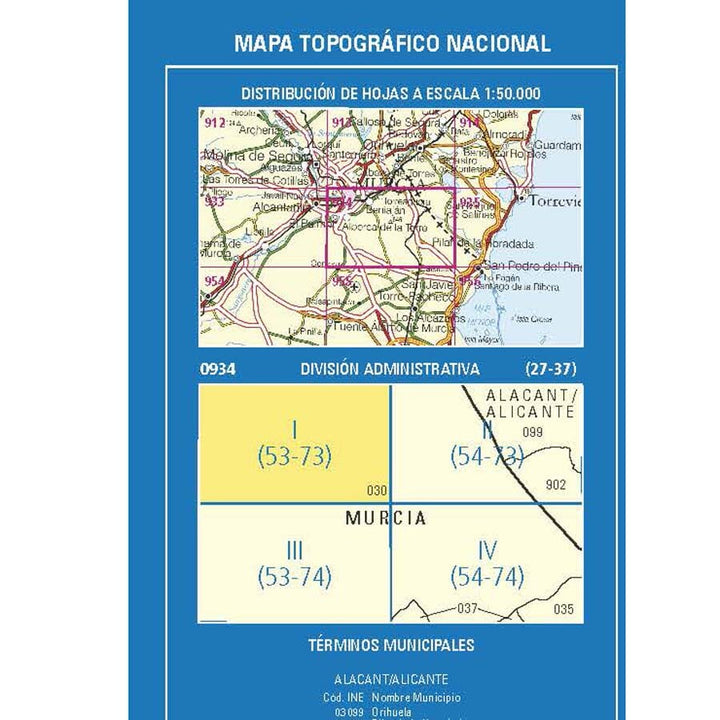 Carte topographique de l'Espagne n° 0934.1 - Murcia | CNIG - 1/25 000 carte de randonnée CNIG 