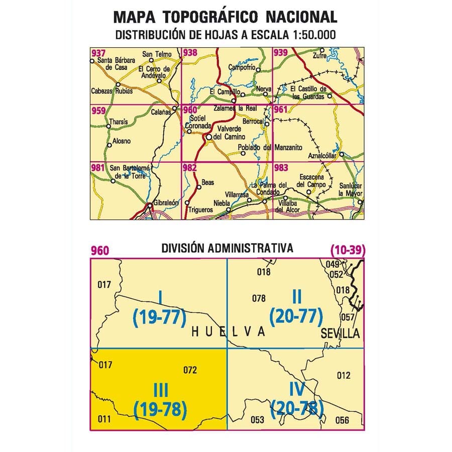 Carte topographique de l'Espagne n° 0960.3 - Valverde del Camino | CNIG - 1/25 00 carte de randonnée CNIG
