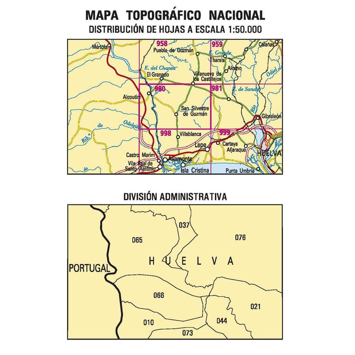 Carte topographique de l'Espagne n° 0980 - San Silvestre de Guzmán | CNIG - 1/50 000 carte de randonnée CNIG