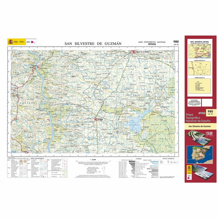 Carte topographique de l'Espagne n° 0980 - San Silvestre de Guzmán | CNIG - 1/50 000 carte de randonnée CNIG