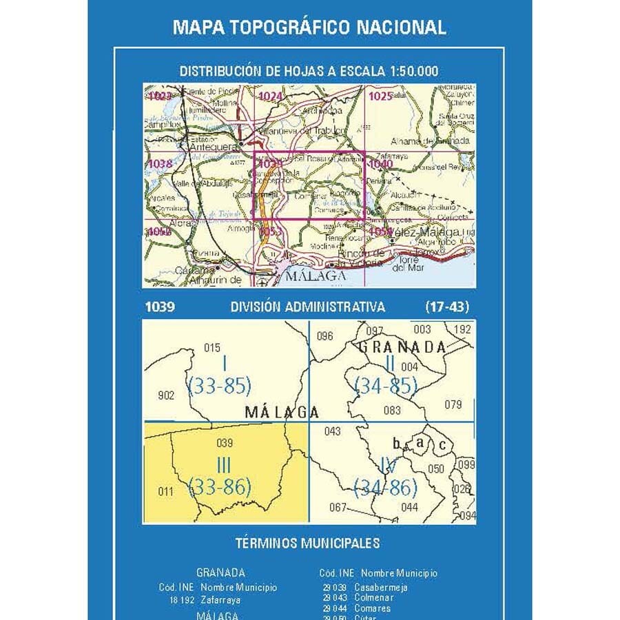 Carte topographique de l'Espagne n° 1039.3 - Casabermeja | CNIG - 1/25 000 carte de randonnée CNIG 