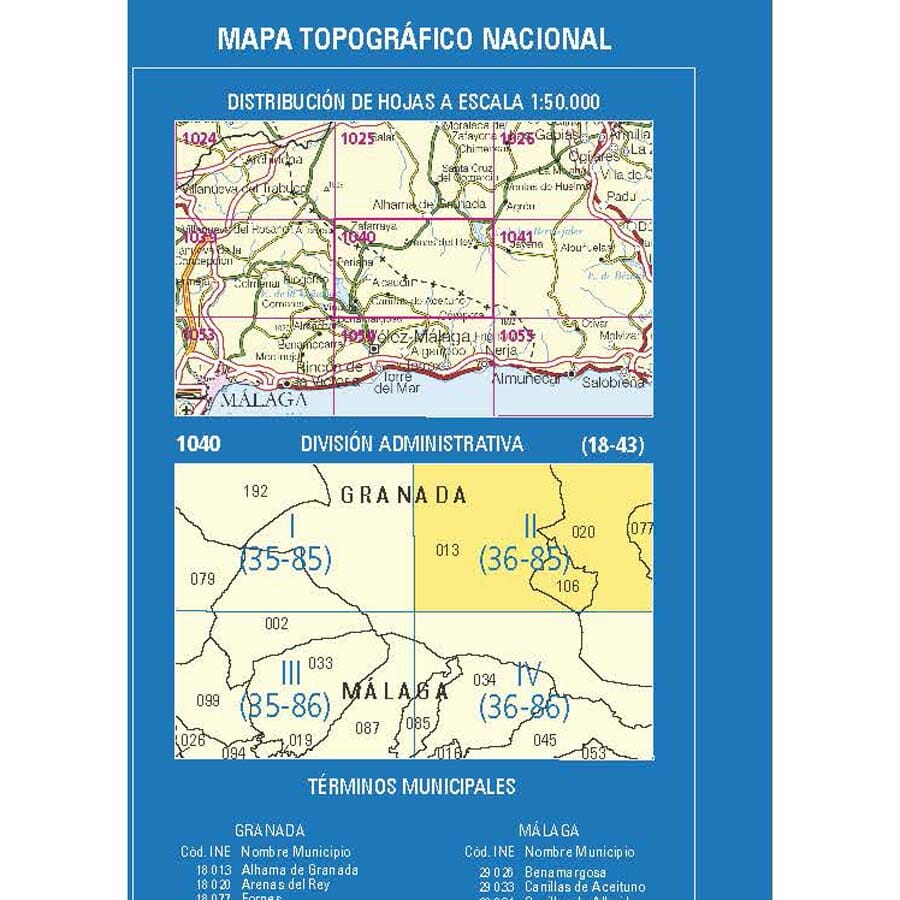 Carte topographique de l'Espagne n° 1040.2 - Arenas del Rey | CNIG - 1/25 000 carte de randonnée CNIG 