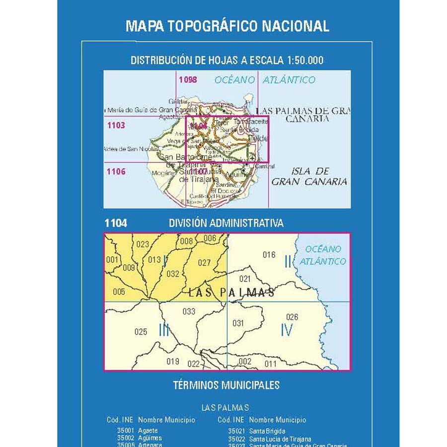 Carte topographique de l'Espagne n° 1104.1 - Teror (Gran Canaria) | CNIG - 1/25 000 carte de randonnée CNIG