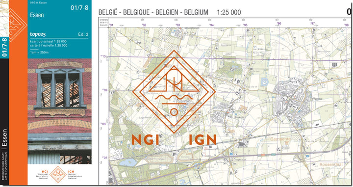 Carte topographique n° 01/7-8 - Essen (Belgique) | NGI topo 25 carte de randonnée IGN Belgique 
