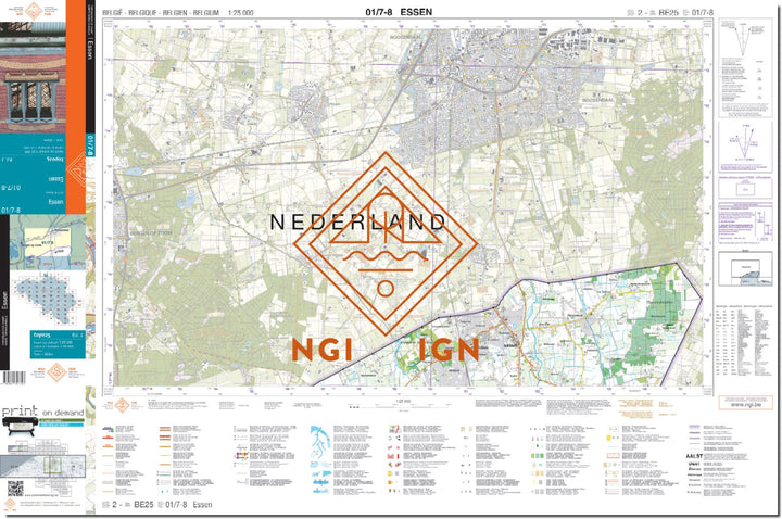 Carte topographique n° 01/7-8 - Essen (Belgique) | NGI topo 25 carte de randonnée IGN Belgique 