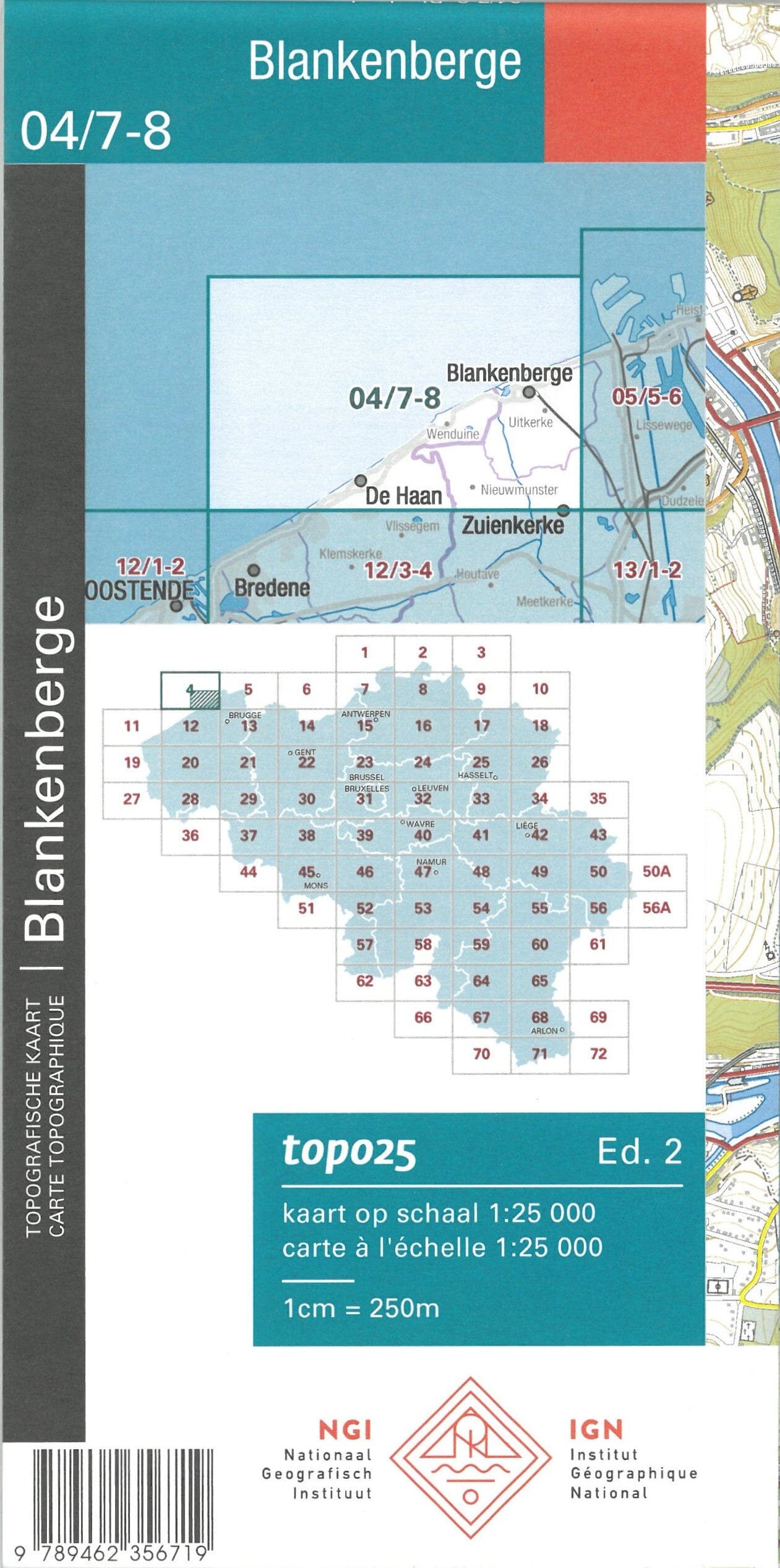 Carte topographique n° 04/7-8 - Blankenberge (Belgique) | NGI topo 25 carte de randonnée IGN Belgique
