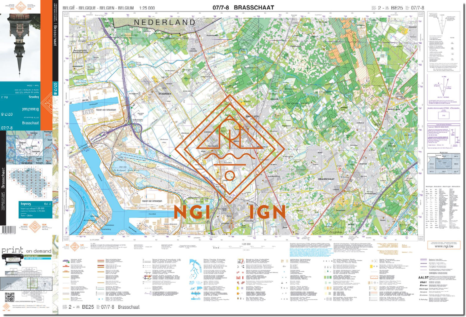 Carte topographique n° 07/7-8 - Brasschaat (Belgique) | NGI topo 25 carte de randonnée IGN Belgique 