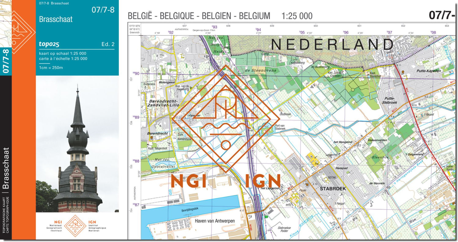 Carte topographique n° 07/7-8 - Brasschaat (Belgique) | NGI topo 25 carte de randonnée IGN Belgique 