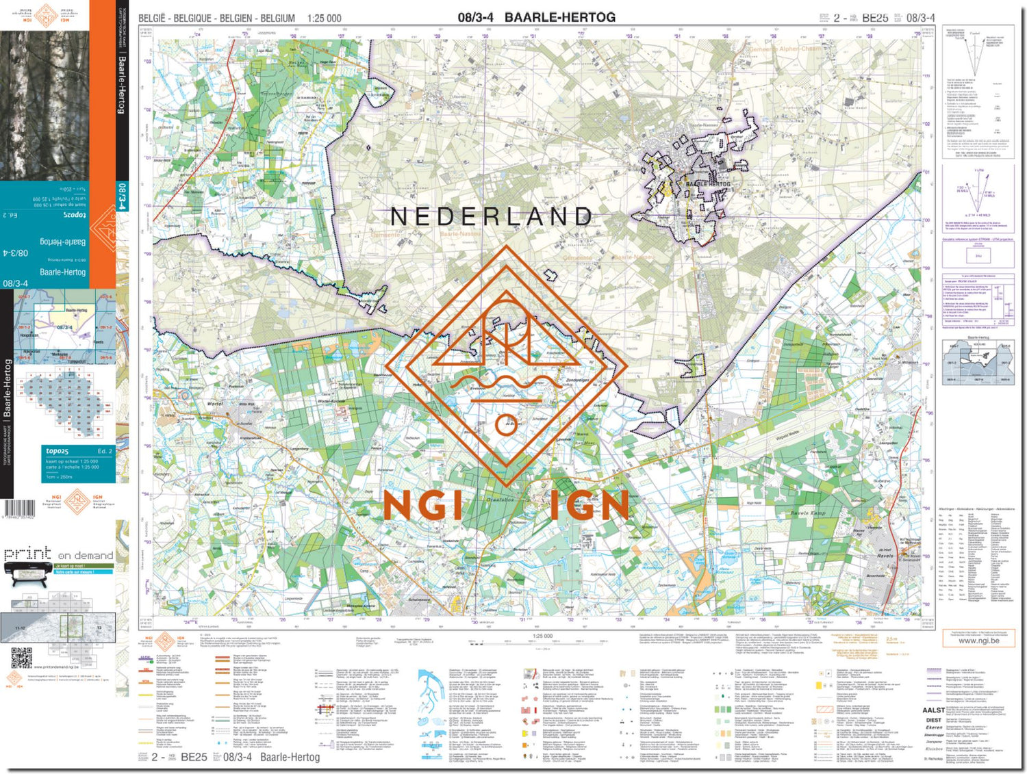 Carte topographique n° 08/3-4 - Baarle-Hertog (Belgique) | NGI topo 25 carte de randonnée IGN Belgique 