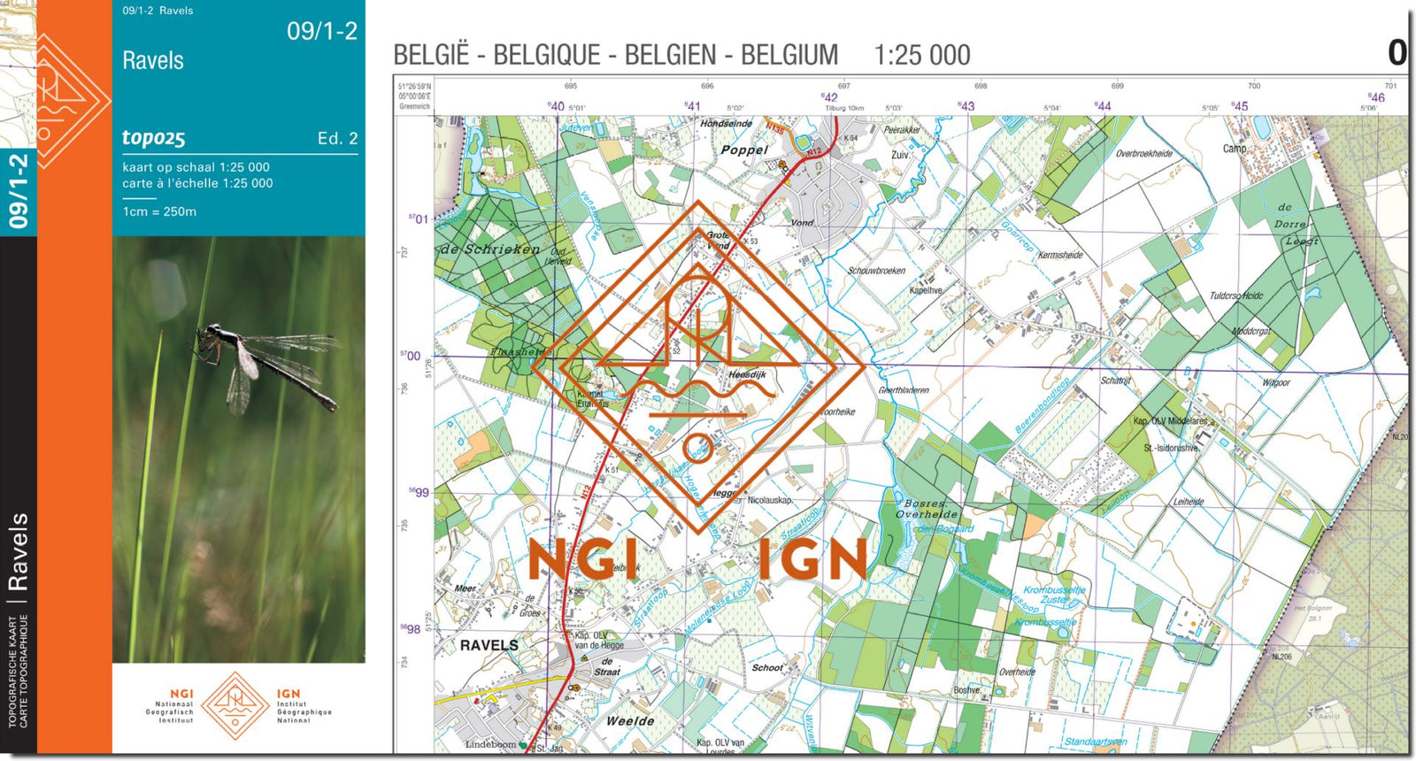 Carte topographique n° 09/1-2 - Ravels (Belgique) | NGI topo 25 carte de randonnée IGN Belgique 
