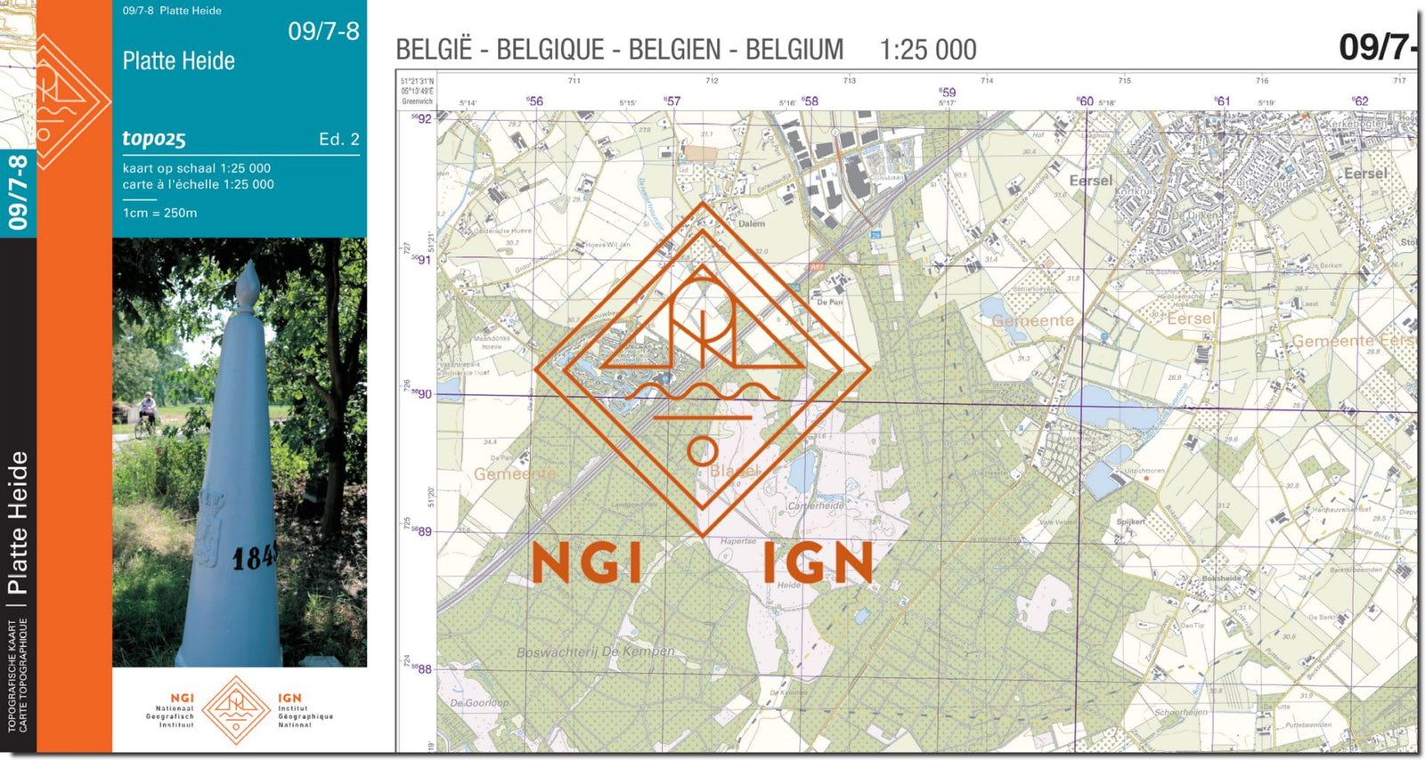 Carte topographique n° 09/7-8 - Platte Heide (Belgique) | NGI topo 25 carte de randonnée IGN Belgique 