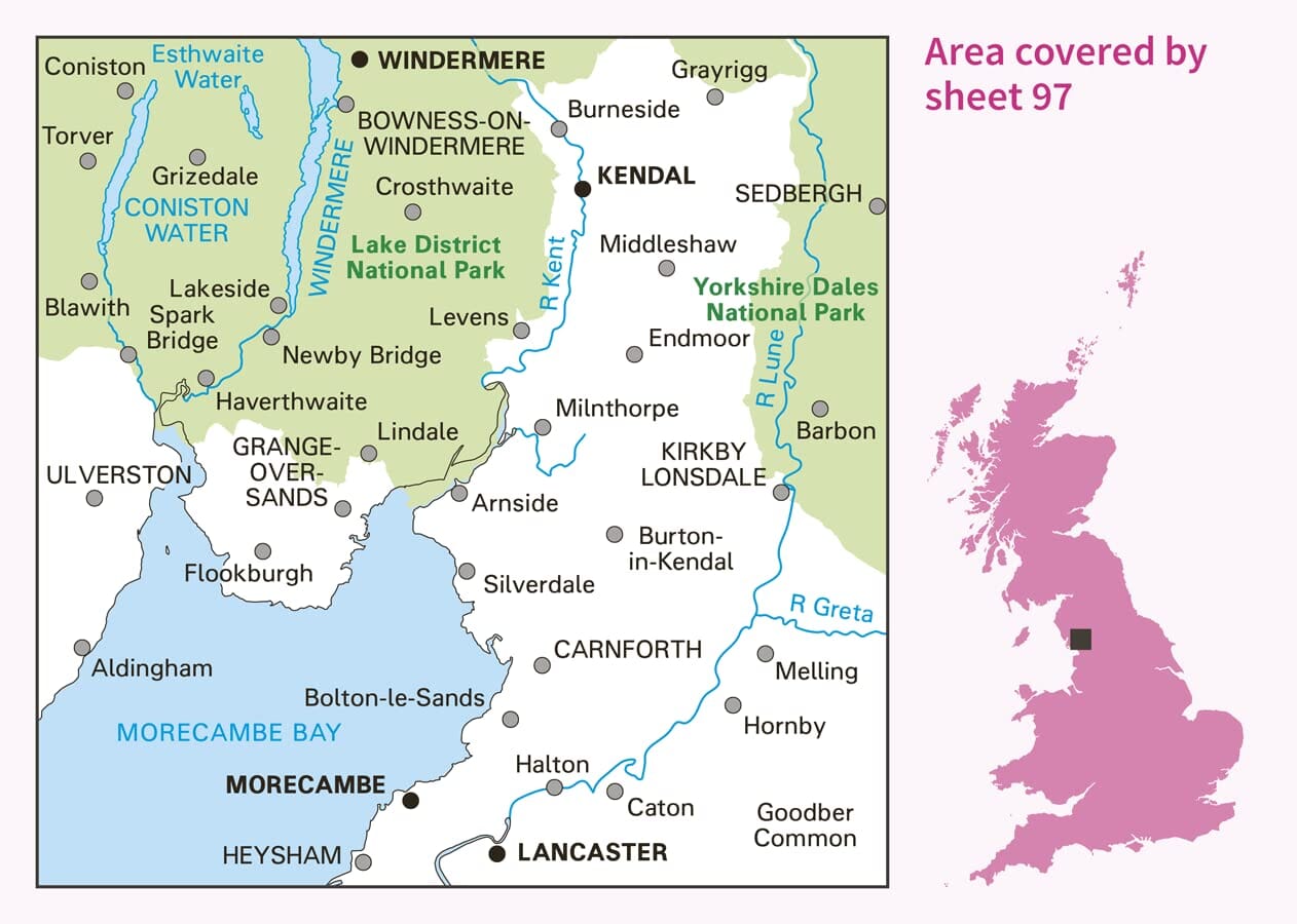 Carte topographique n° 097 - Kendal, Morecambe (Grande Bretagne) | Ordnance Survey - Landranger carte de randonnée Ordnance Survey