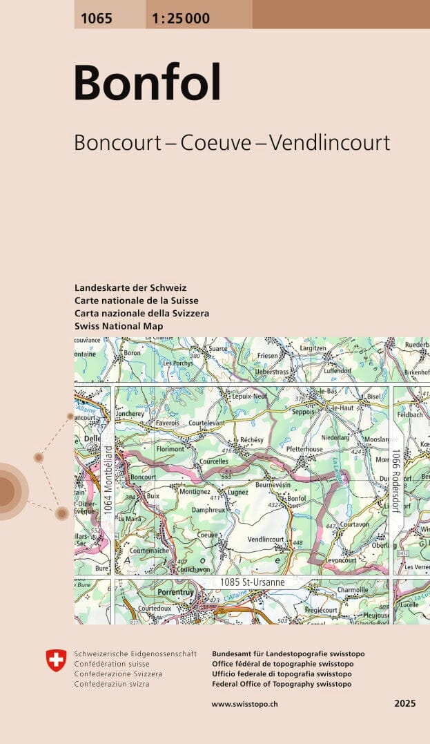 Carte topographique n° 1065 - Bonfol (Suisse) | Swisstopo - 1/25 000 carte de randonnée Swisstopo 