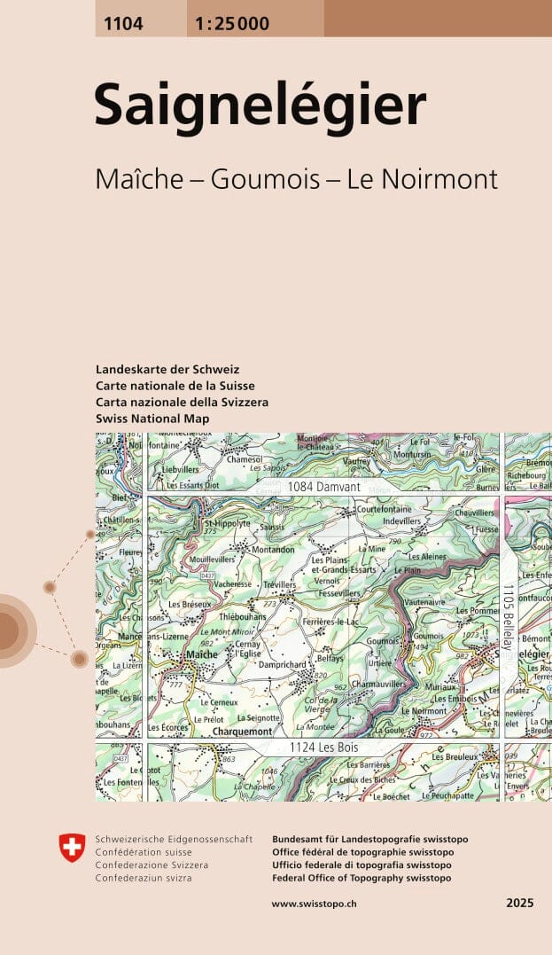 Carte topographique n° 1104 - Saignelegier (Suisse) | Swisstopo - 1/25 000 carte de randonnée Swisstopo 