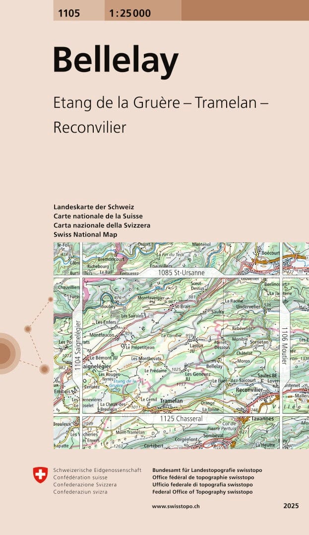 Carte topographique n° 1105 - Bellelay (Suisse) | Swisstopo - 1/25 000 carte de randonnée Swisstopo 
