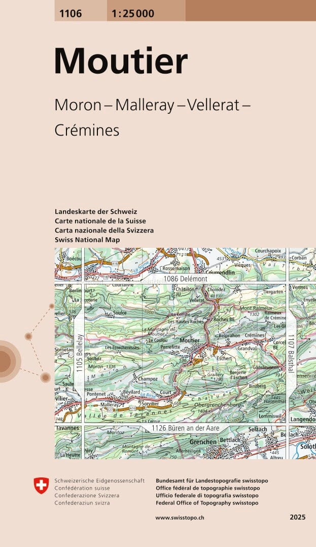 Carte topographique n° 1106 - Moutier (Suisse) | Swisstopo - 1/25 000 carte de randonnée Swisstopo 
