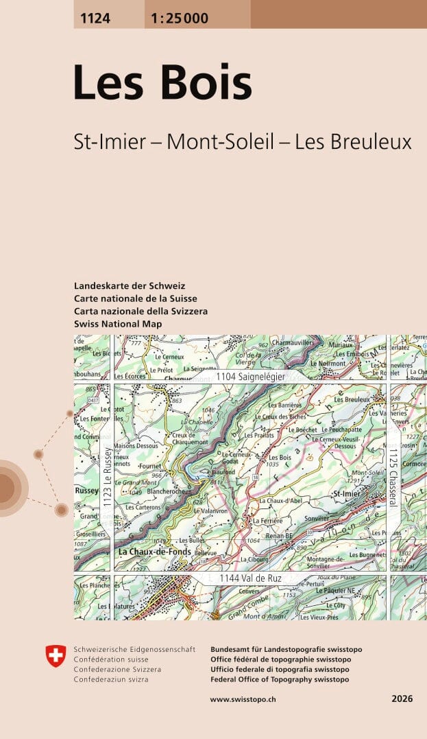 Carte topographique n° 1124 - Les Bois (Suisse) | Swisstopo - 1/25 000 carte de randonnée Swisstopo 
