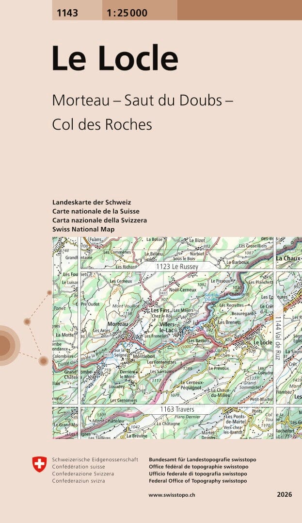 Carte topographique n° 1143 - Le Locle (Suisse) | Swisstopo - 1/25 000 carte de randonnée Swisstopo 