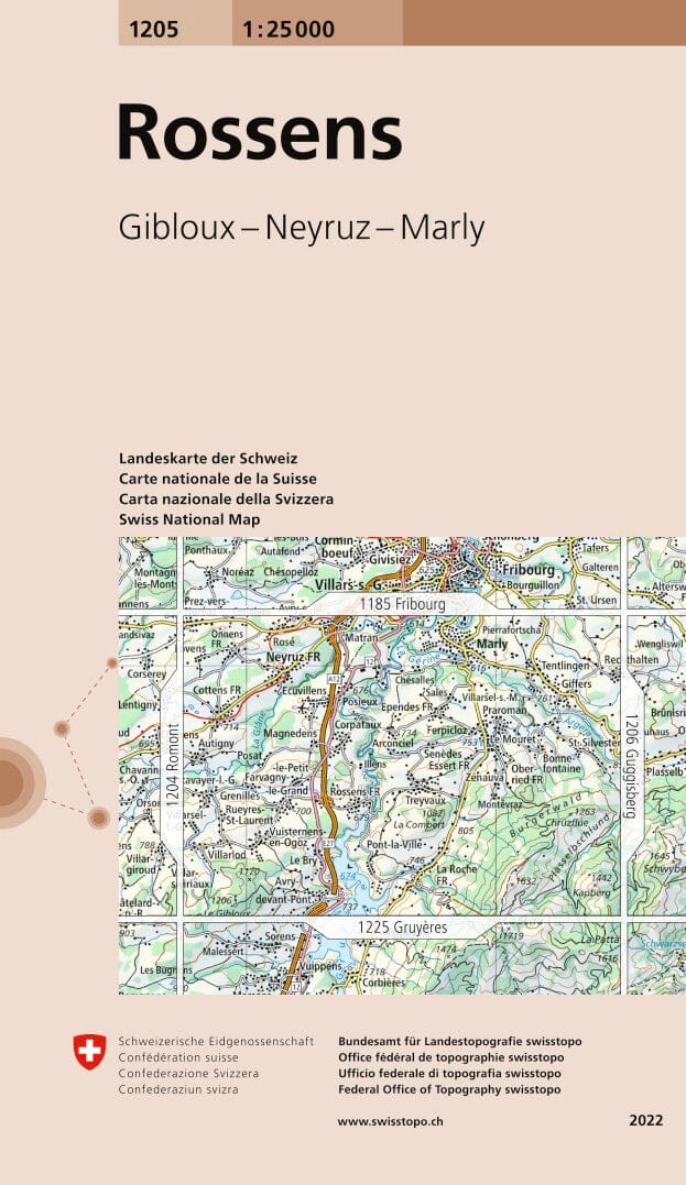 Carte topographique n° 1205 - Rossens (Suisse) | Swisstopo - 1/25 000 carte de randonnée Swisstopo 