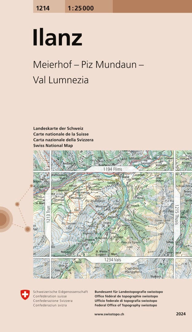 Carte topographique n° 1214 - Ilanz (Suisse) | Swisstopo - 1/25 000 carte de randonnée Swisstopo