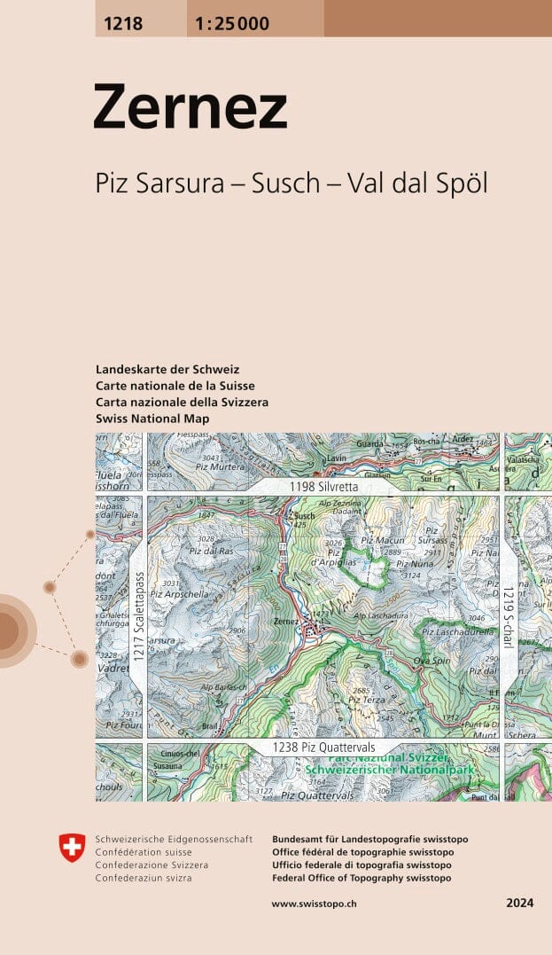 Carte topographique n° 1218 - Zernez (Suisse) | Swisstopo - 1/25 000 carte de randonnée Swisstopo