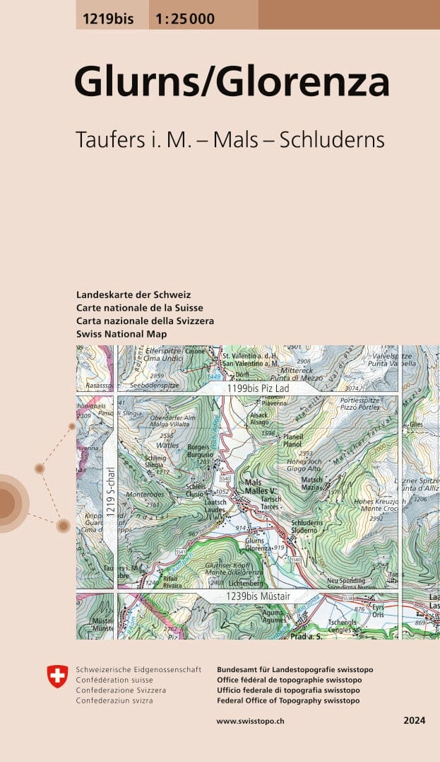 Carte topographique n° 1219BIS - Glorenza (Suisse) | Swisstopo - 1/25 000 carte de randonnée Swisstopo