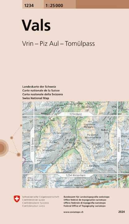 Carte topographique n° 1234 - Vals (Suisse) | Swisstopo - 1/25 000 carte de randonnée Swisstopo