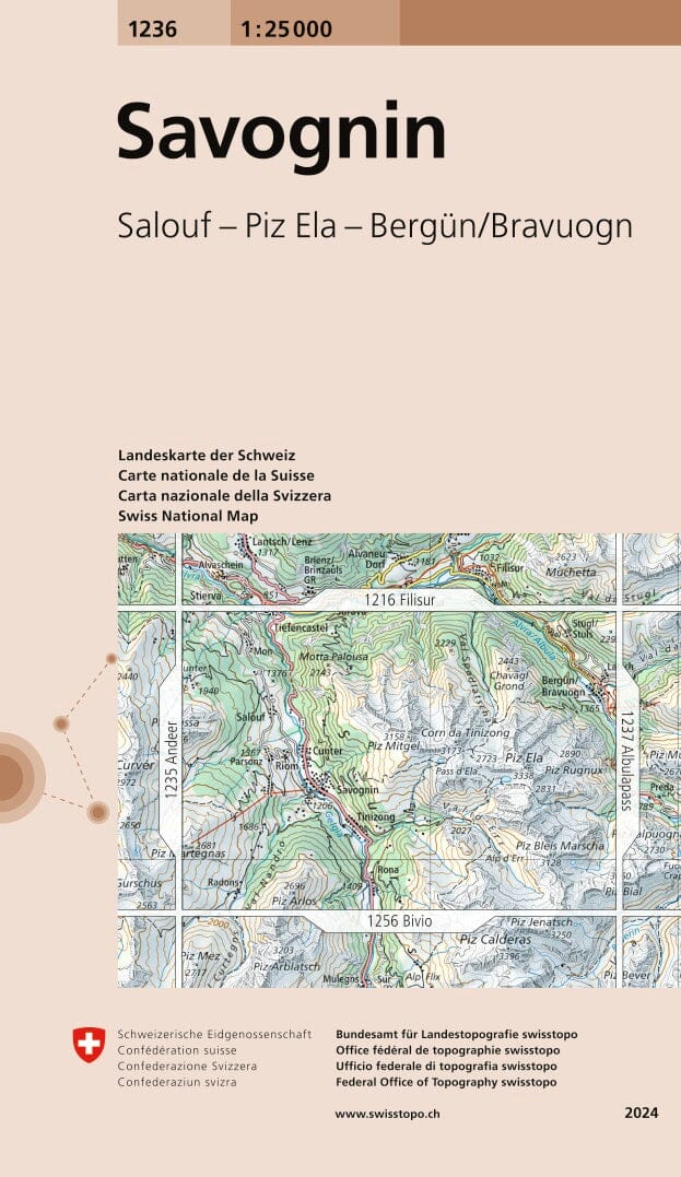 Carte topographique n° 1236 - Savognin (Suisse) | Swisstopo - 1/25 000 carte de randonnée Swisstopo