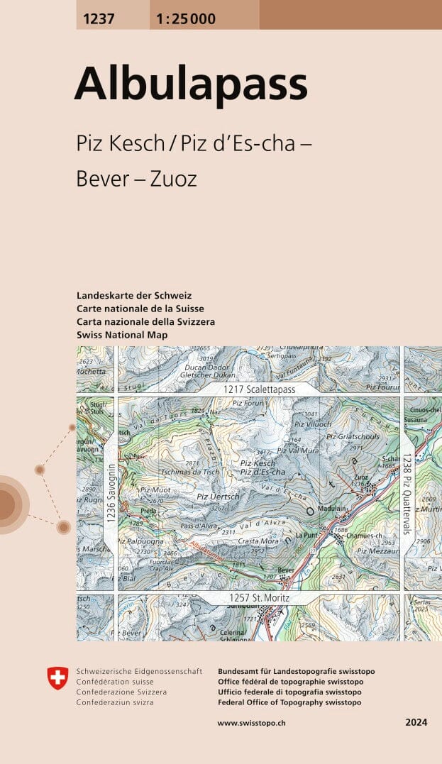 Carte topographique n° 1237 - Albulapass (Suisse) | Swisstopo - 1/25 000 carte de randonnée Swisstopo 
