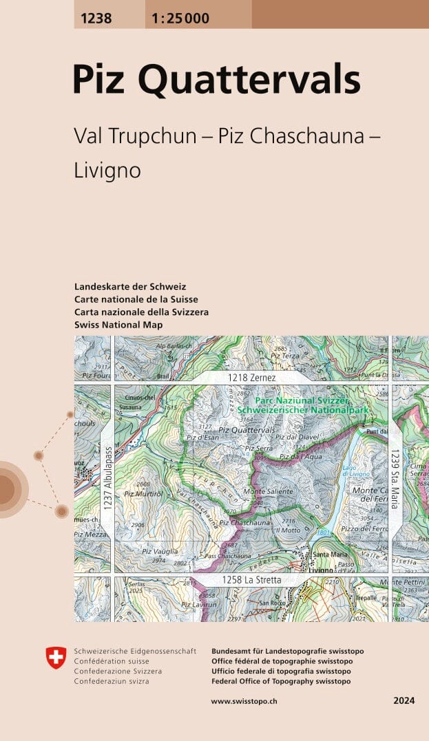 Carte topographique n° 1238 - Piz Quattervals (Suisse) | Swisstopo - 1/25 000 carte de randonnée Swisstopo