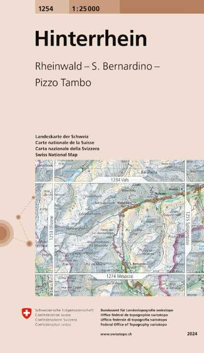 Carte topographique n° 1254 - Hinterrhein (Suisse) | Swisstopo - 1/25 000 carte de randonnée Swisstopo