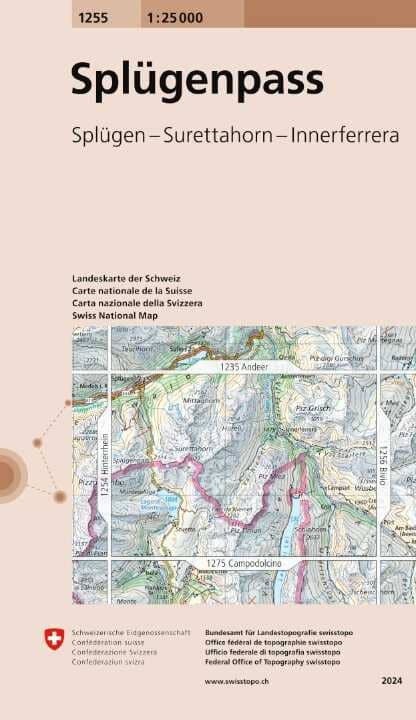 Carte topographique n° 1255 - Splügenpass (Suisse) | Swisstopo - 1/25 000 carte de randonnée Swisstopo
