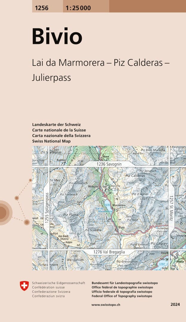 Carte topographique n° 1256 - Bivio (Suisse) | Swisstopo - 1/25 000 carte de randonnée Swisstopo