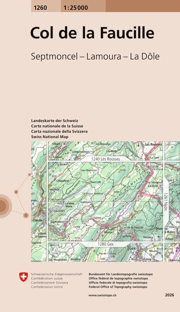 Carte topographique n° 1260 - Col de la Faucille (Suisse) | Swisstopo - 1/25 000 carte de randonnée Swisstopo 