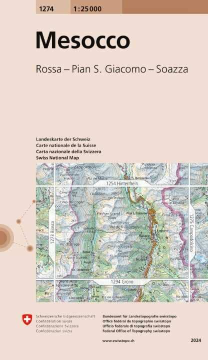 Carte topographique n° 1274 - Mesocco (Suisse) | Swisstopo - 1/25 000 carte de randonnée Swisstopo