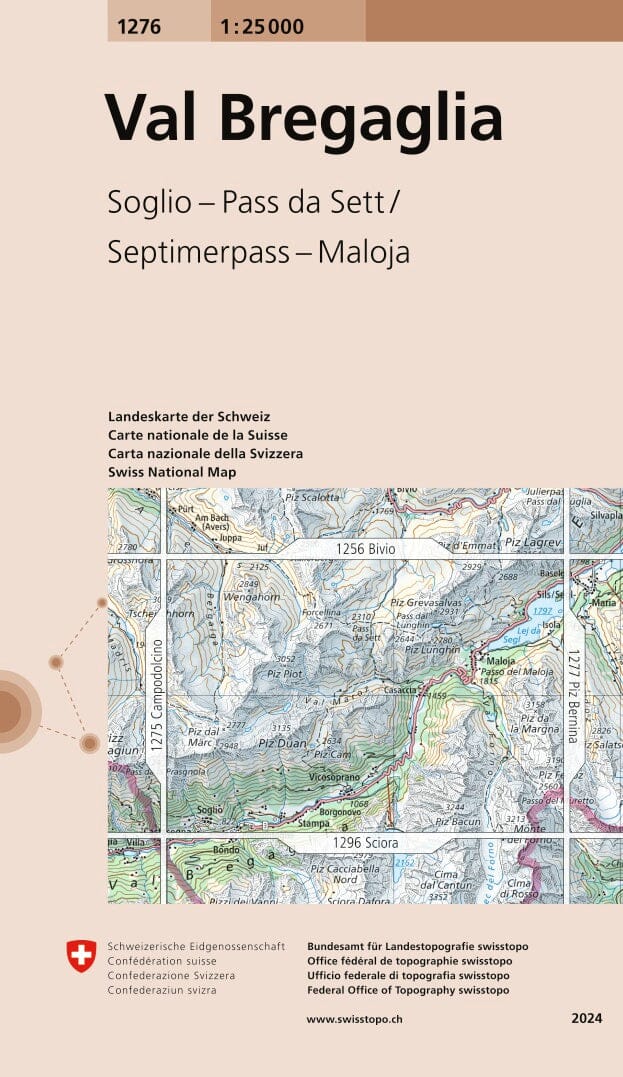 Carte topographique n° 1276 - Val Bregaglia (Suisse) | Swisstopo - 1/25 000 carte de randonnée Swisstopo
