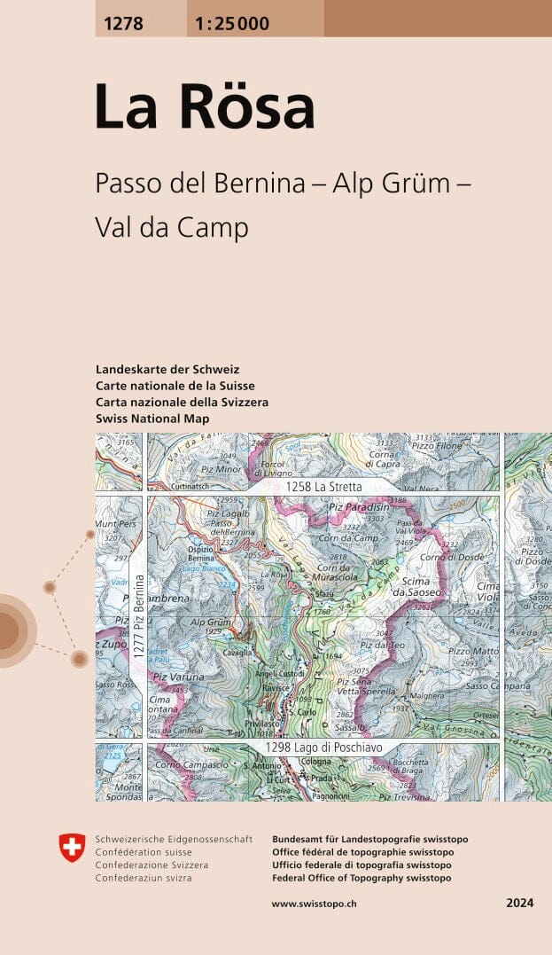 Carte topographique n° 1278 - La Rösa (Suisse) | Swisstopo - 1/25 000 carte de randonnée Swisstopo