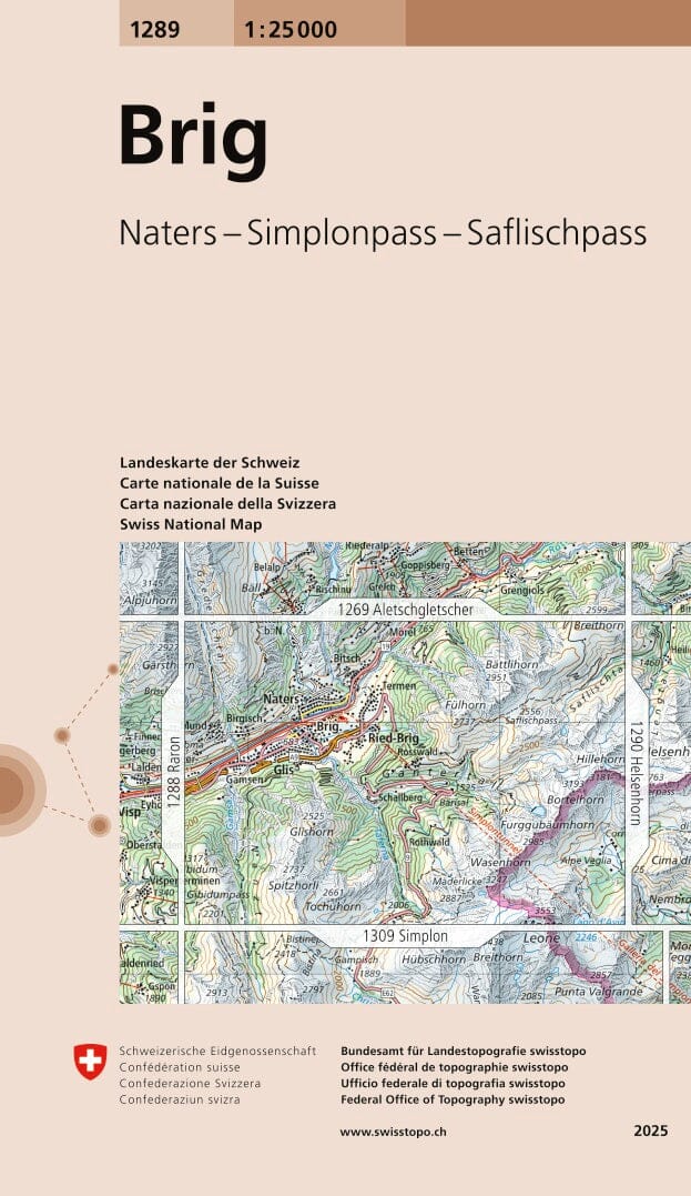 Carte topographique n° 1289 - Brig (Suisse) | Swisstopo - 1/25 000 carte de randonnée Swisstopo 