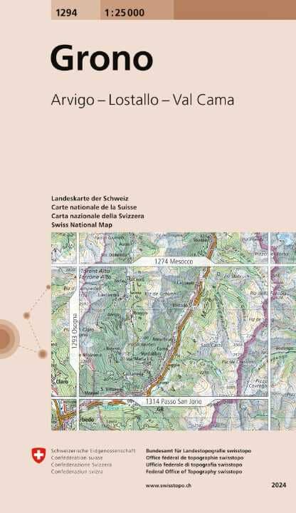 Carte topographique n° 1294 - Grono (Suisse) | Swisstopo - 1/25 000 carte de randonnée Swisstopo