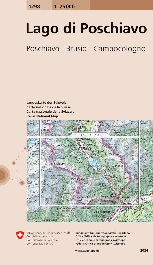 Carte topographique n° 1298 - Lago Poschiavo (Suisse) | Swisstopo - 1/25 000 carte de randonnée Swisstopo