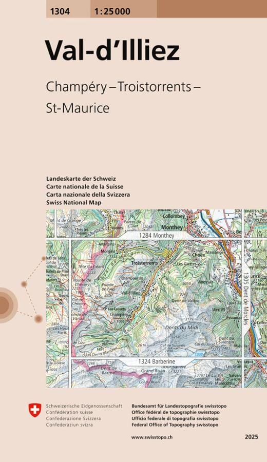 Carte topographique n° 1304 - Val d'Illiez | Swisstopo - 1/25 000 carte de randonnée Swisstopo 