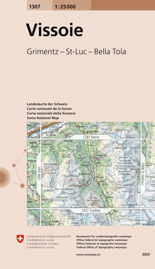 Carte topographique n° 1307 - Vissoie (Suisse) | Swisstopo - 1/25 000 carte de randonnée Swisstopo 