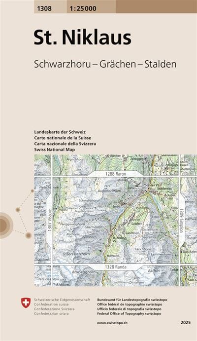 Carte topographique n° 1308 - St-Niklaus (Suisse) | Swisstopo - 1/25 000 carte de randonnée Swisstopo 