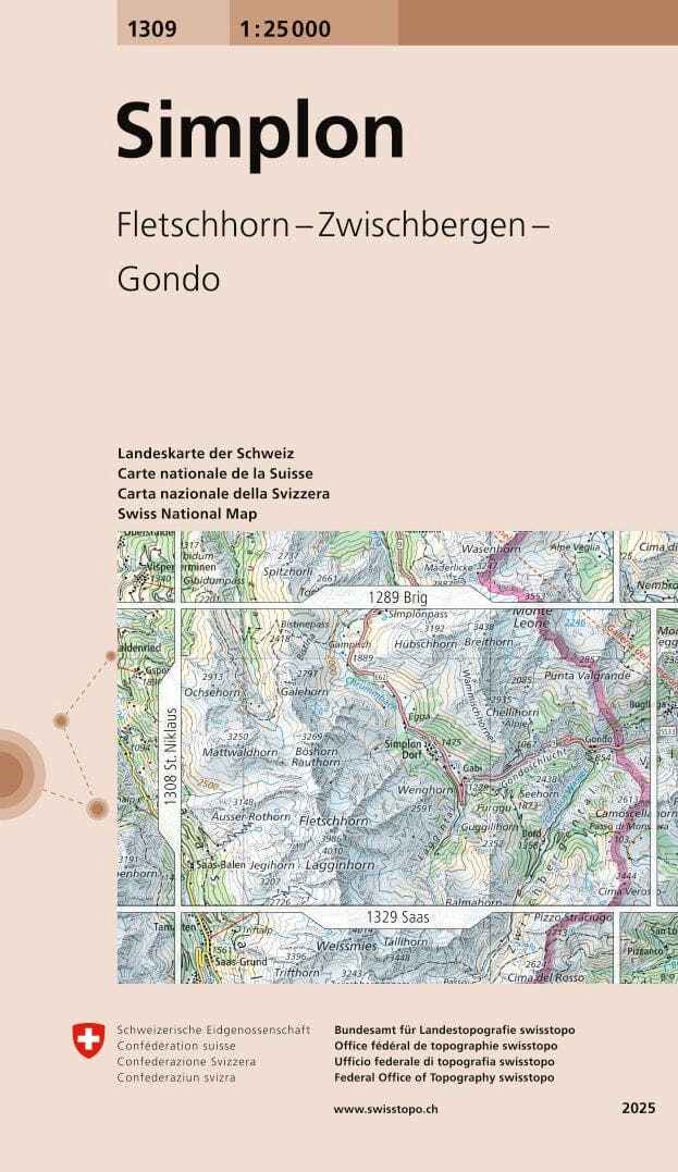 Carte topographique n° 1309 - Simplon (Suisse) | Swisstopo - 1/25 000 carte de randonnée Swisstopo 
